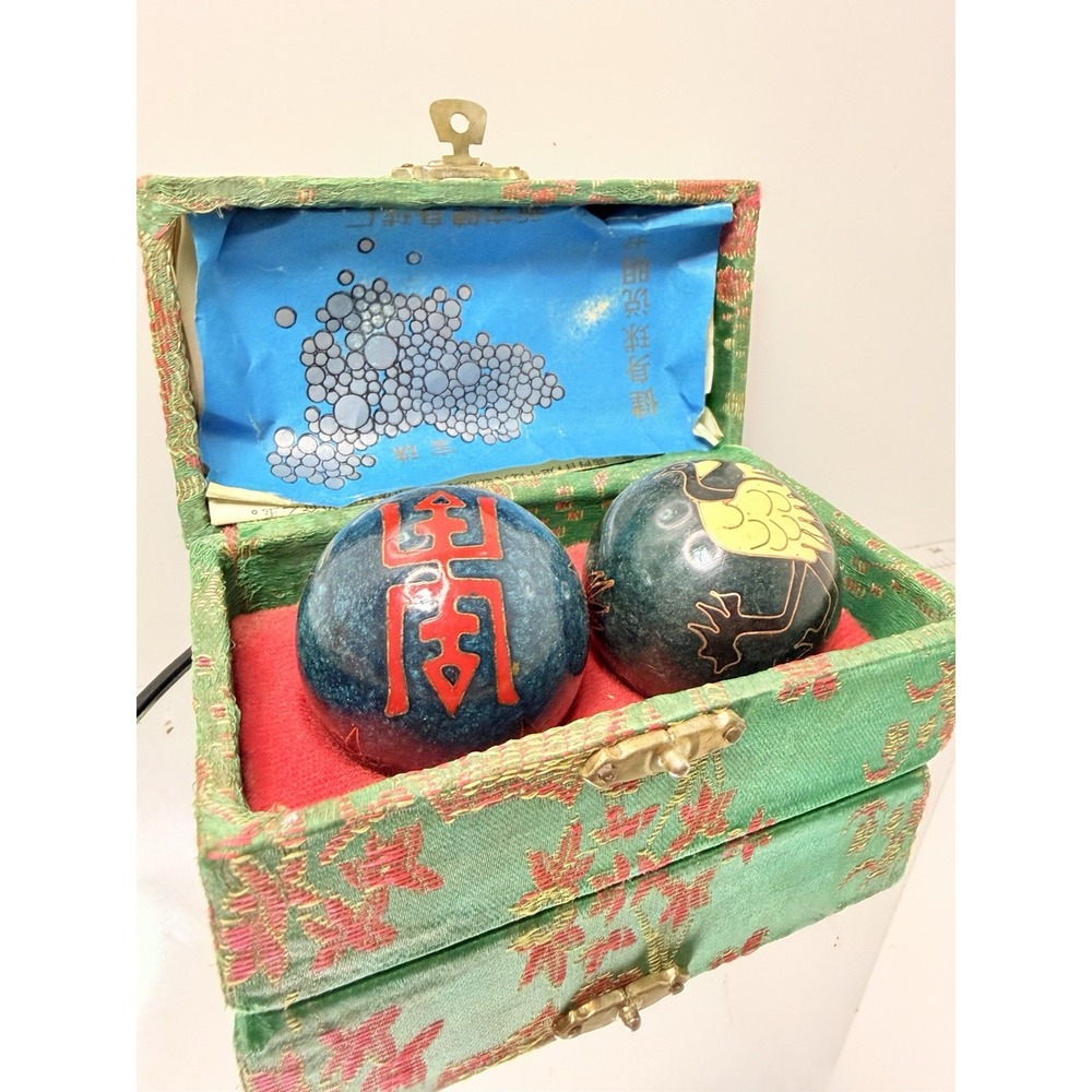 Vintage Chinese Baoding Meditation Health Balls Cloisonné Crane & Character Box - Picture 4 of 5